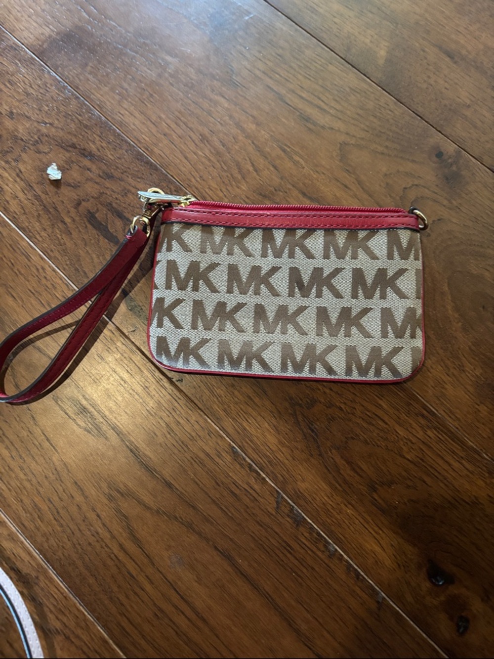 Michael Kors Beige MK Logo Wristlet with Red Trim